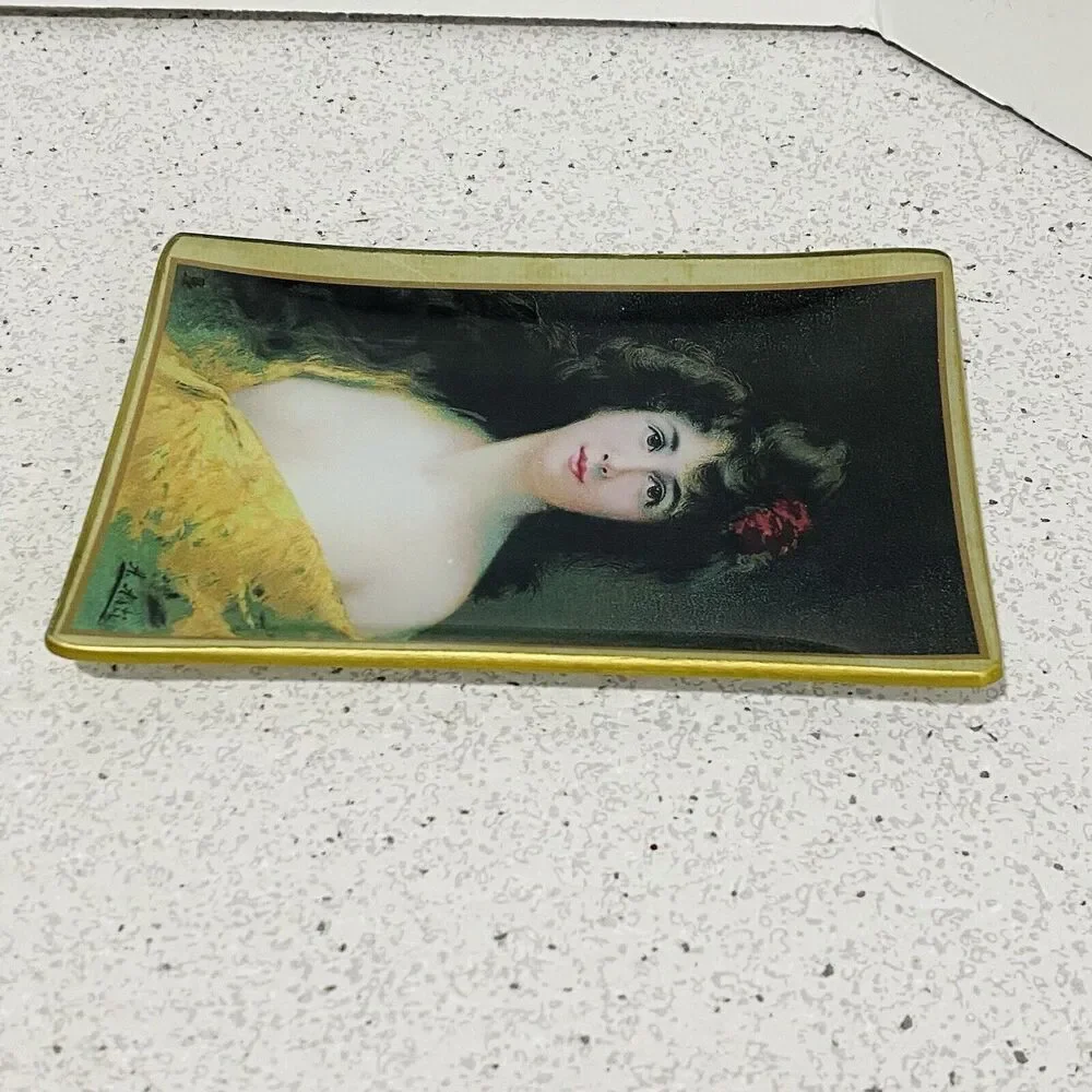 Asti Glass Pin Vanity Ring Dish Small Tray Edwardian Victorian Woman Portrait